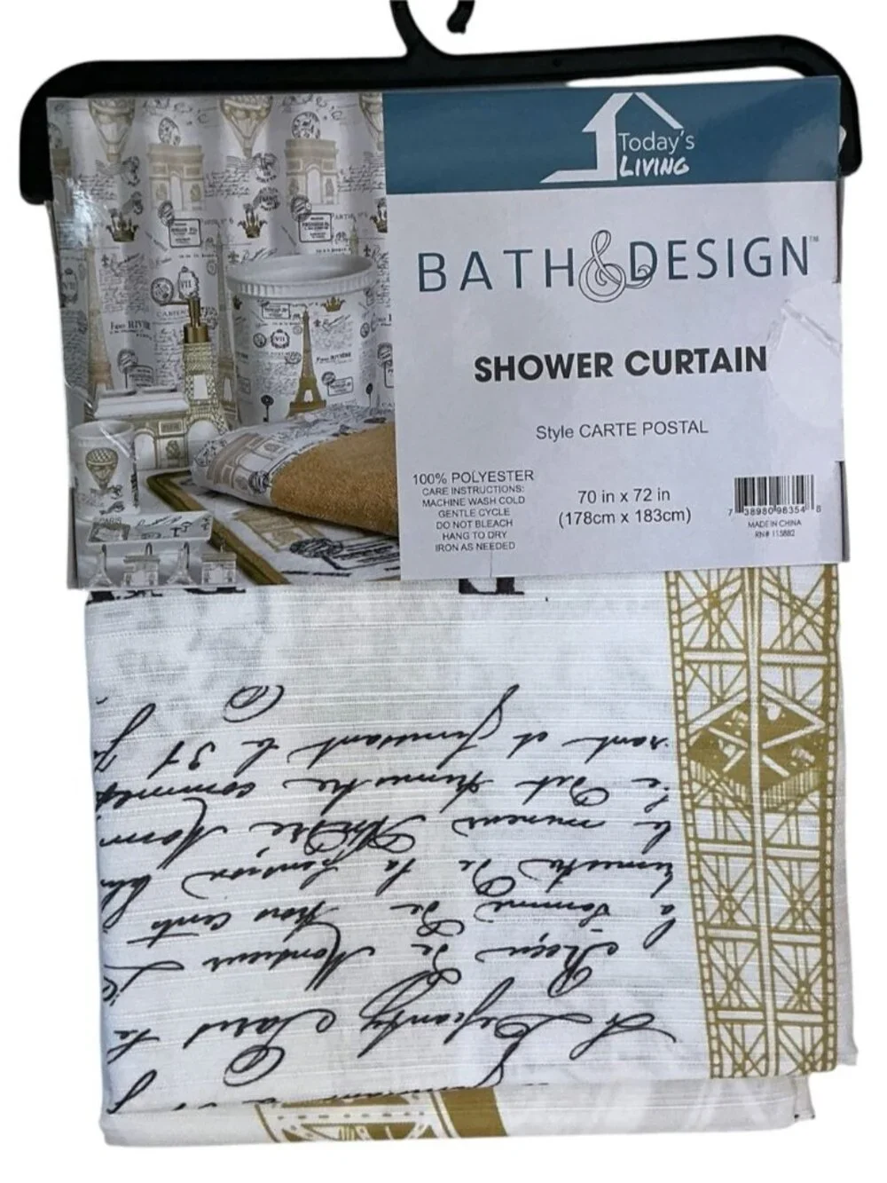 Paris Eiffel Tower Material Fabric Shower Curtain White Gold 70’x 72” NEW